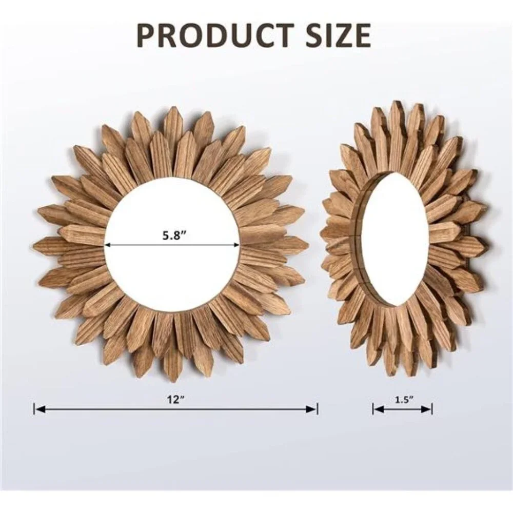 Wall Mirror Decorative 12 inch Rustic Wood Mirror Sunburst Boho Mirror for Entry